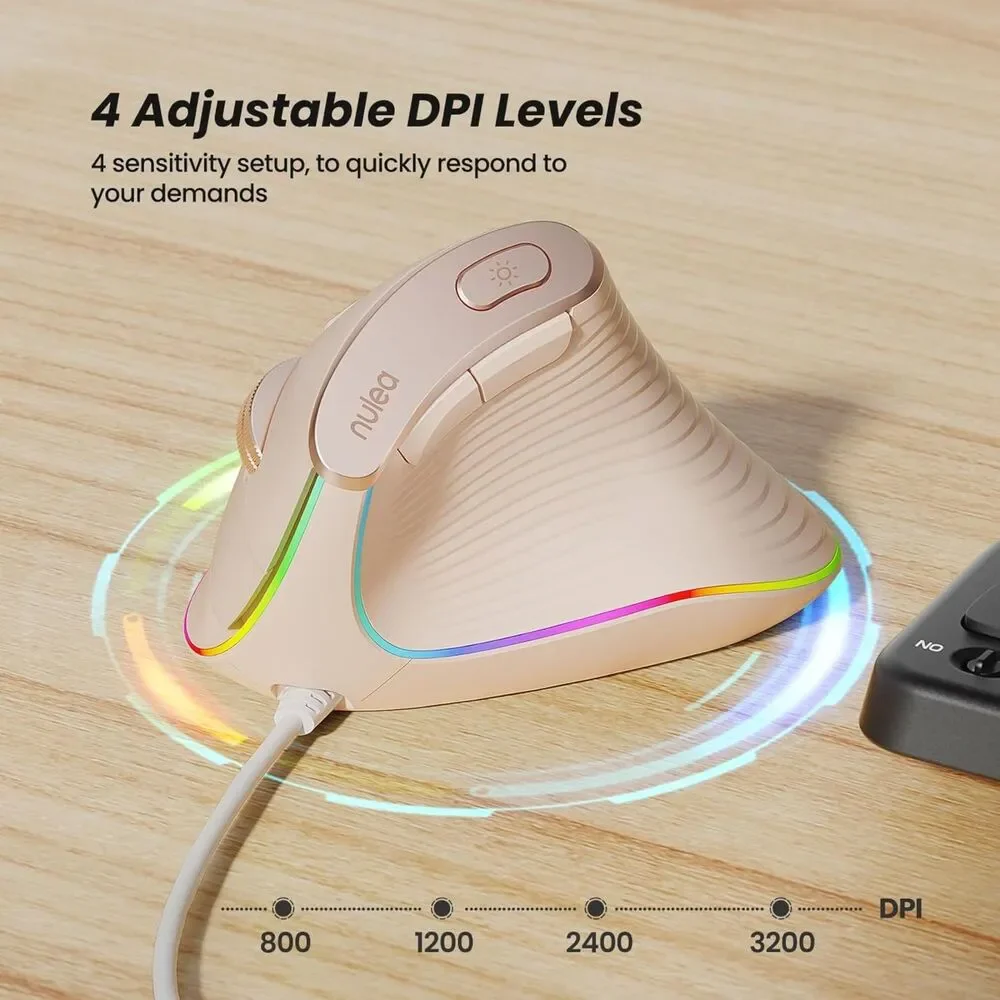 Nulea M504 Wired Vertical Ergonomic Mouse Pink 4 DPI 11 RGB PC Mac